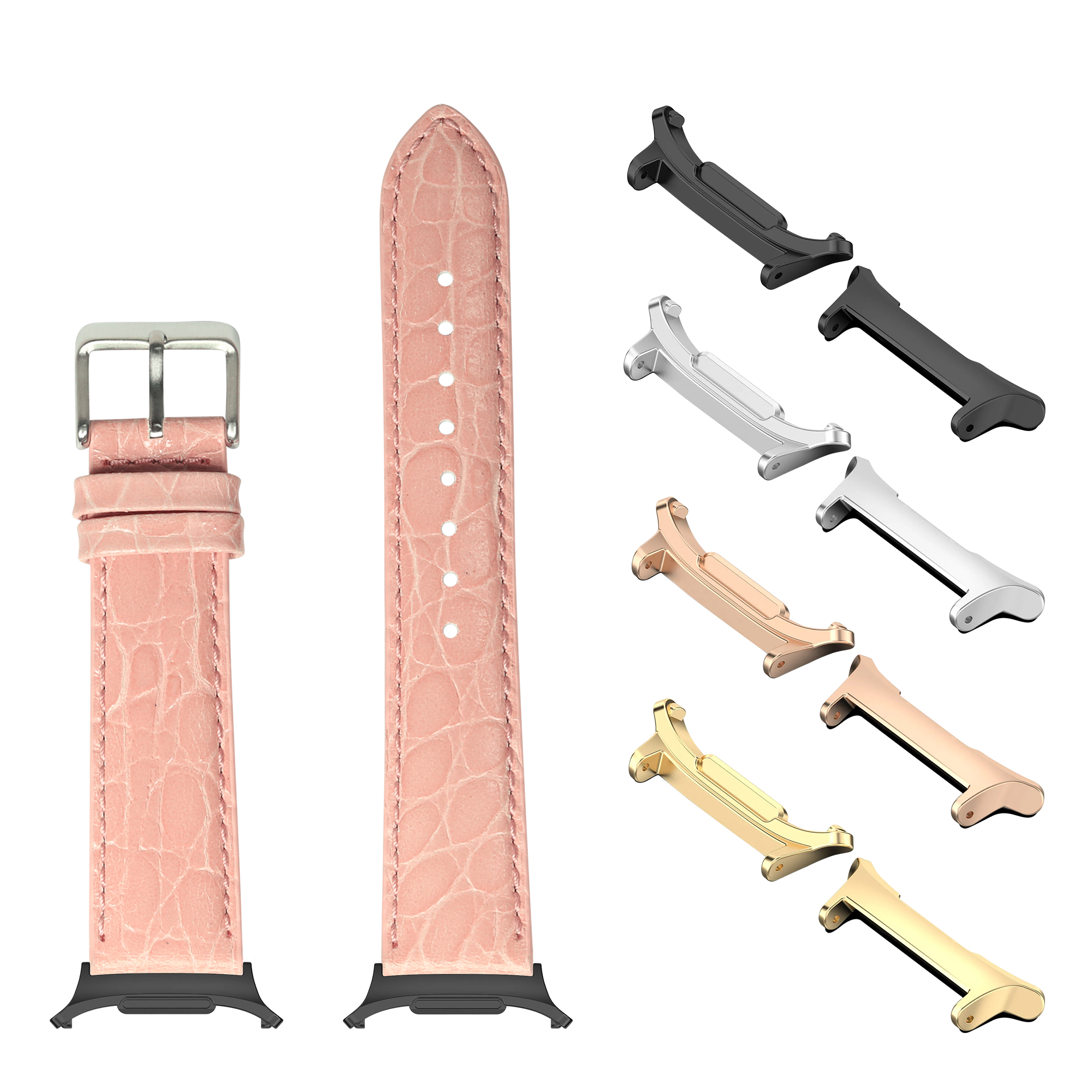 Pink alligator leather watch band with interchangeable metal lugs in silver, gold, rose gold and black for Galaxy Watch 8 and Ultra