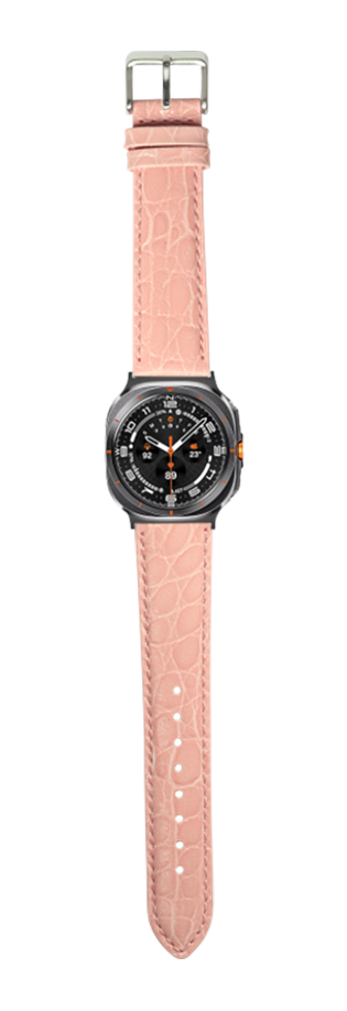 Black dial sport watch with pink alligator leather strap and silver buckle