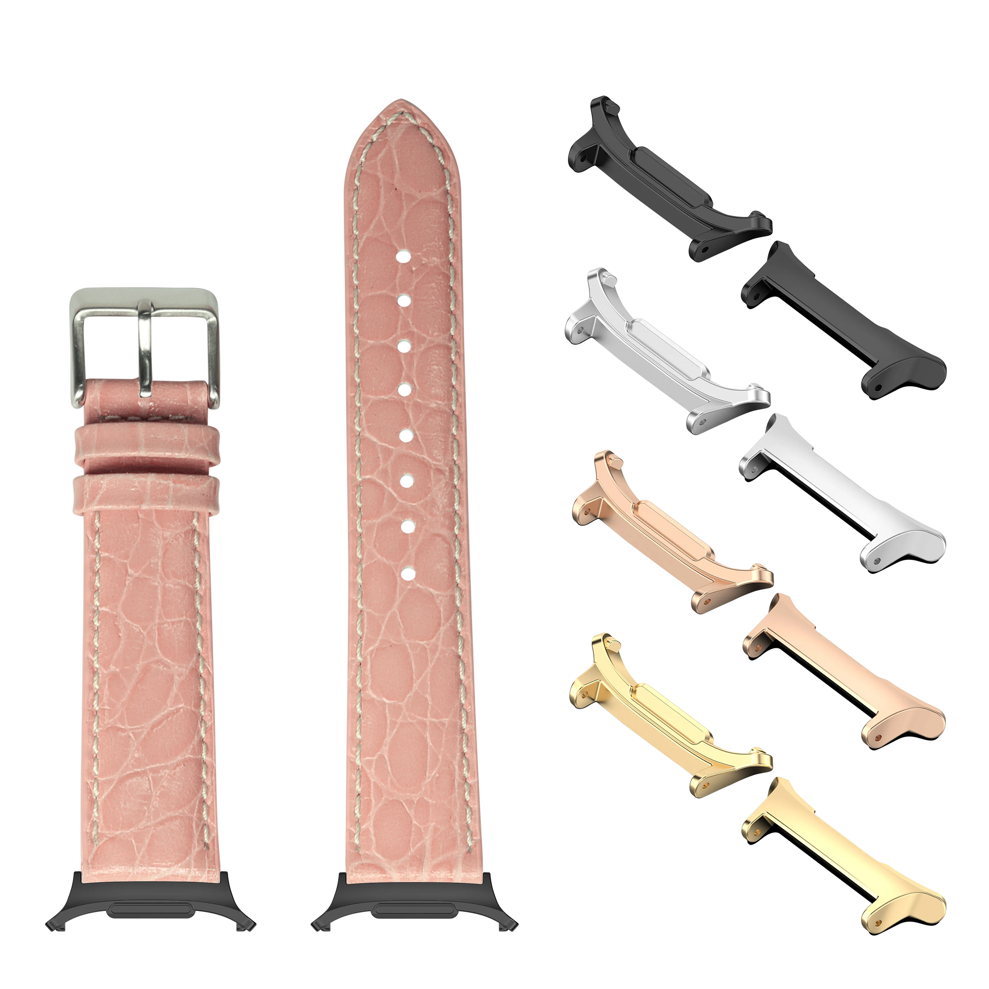 Pink alligator leather watch band with white stitching and interchangeable metal lugs in gold, rose gold, silver, and black finishes