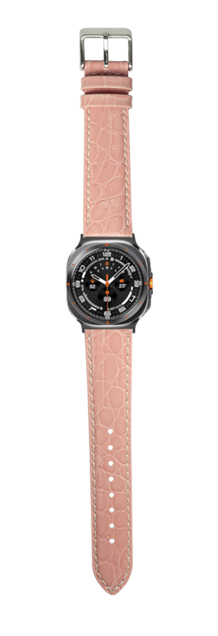 Square sport watch with black dial, orange accents, pink alligator leather strap and silver buckle