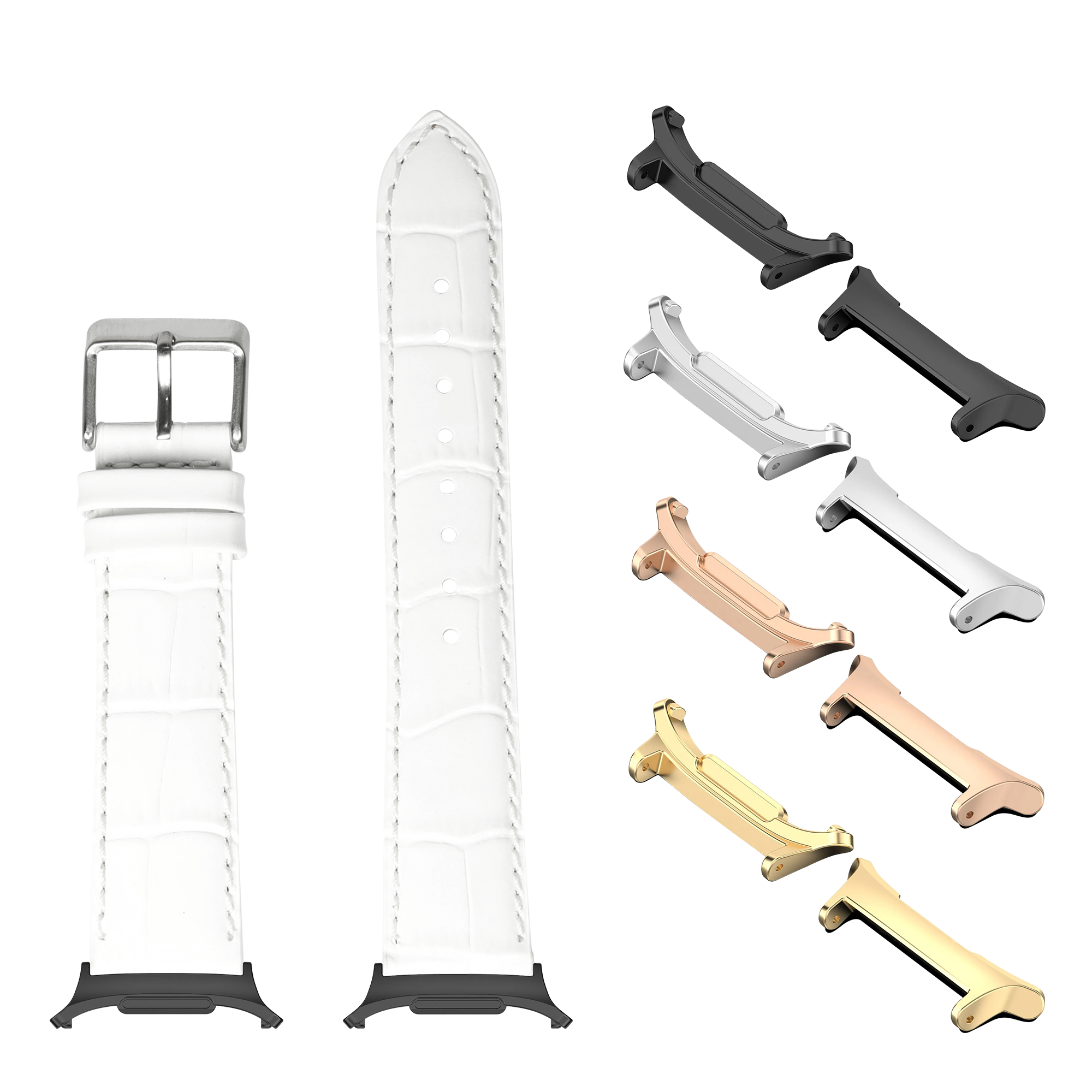 White alligator leather watch band with silver buckle and multiple metal lugs in black, silver, rose gold, and gold finishes for Galaxy Watch 8 and Ultra