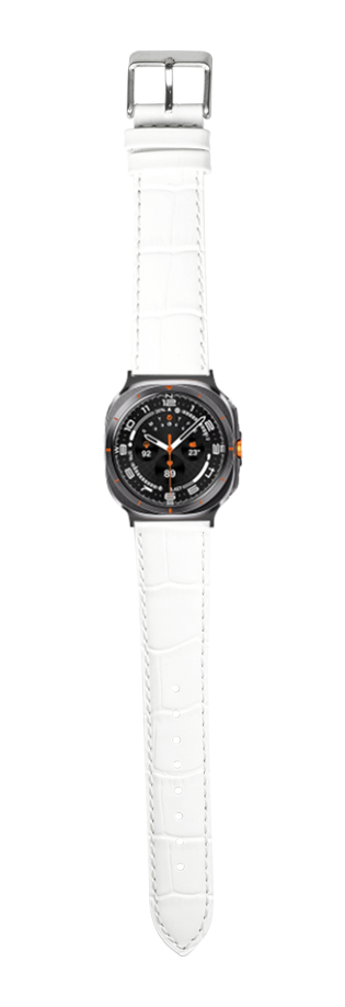 Black sport watch with white alligator leather strap and orange accents, displayed flat lay