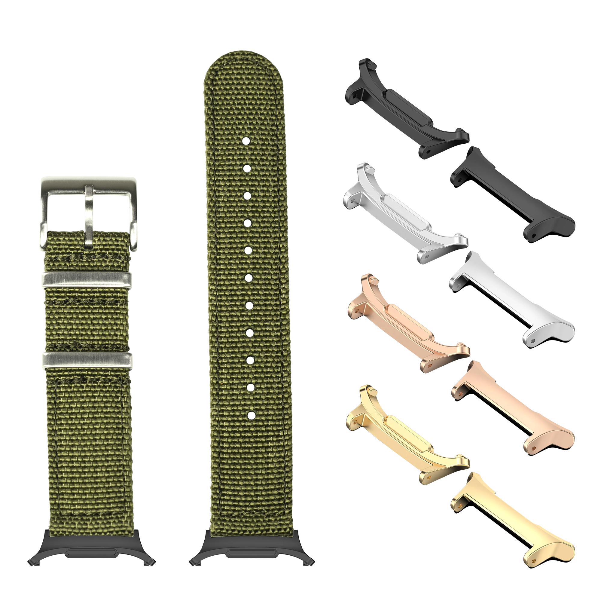 Army green fabric watch band with metal buckle, interchangeable lugs in black, silver, rose gold, and gold finishes for Galaxy Watch 8 and Ultra