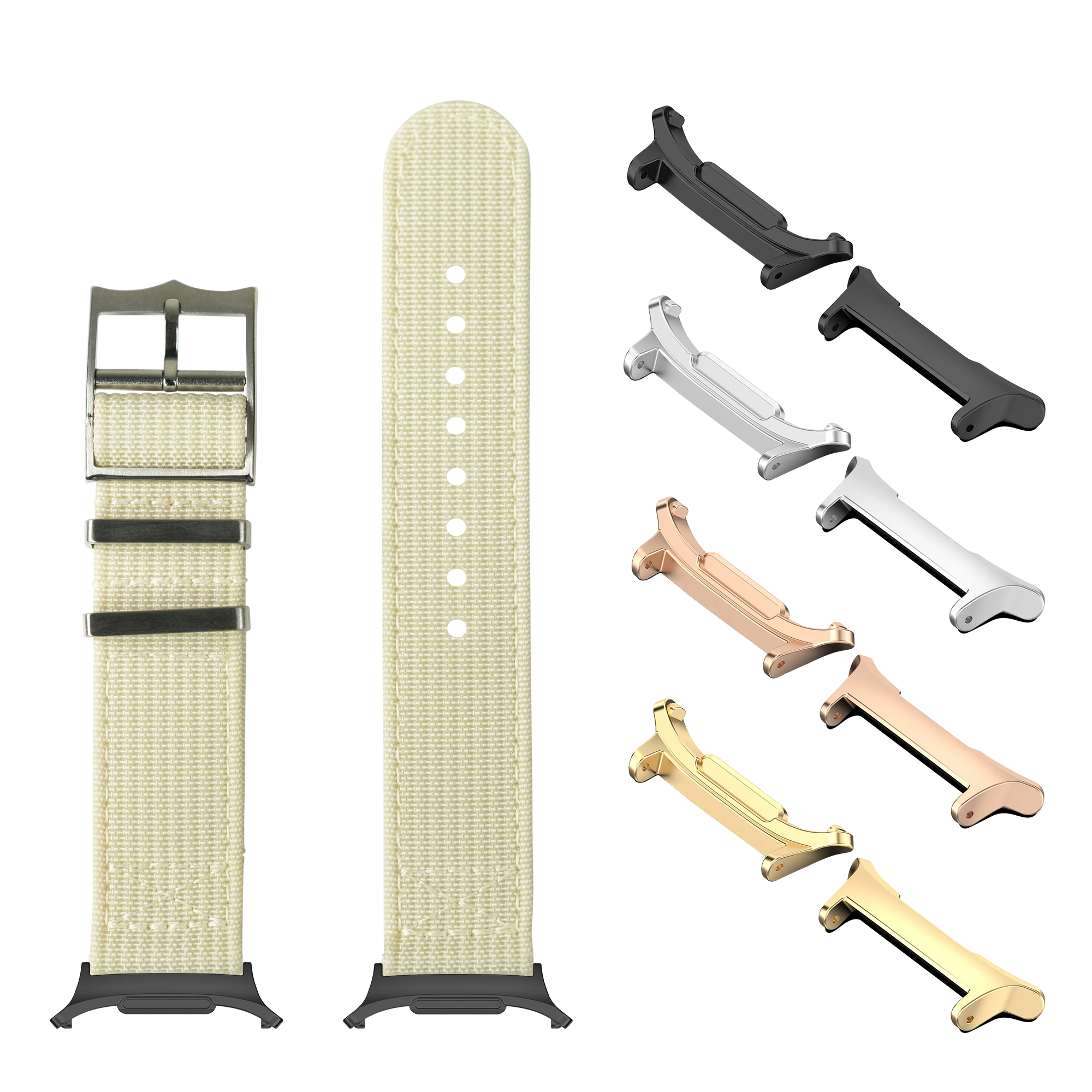Beige fabric watch band with metal buckle, interchangeable lugs in black, silver, rose gold and gold finishes for Galaxy Watch