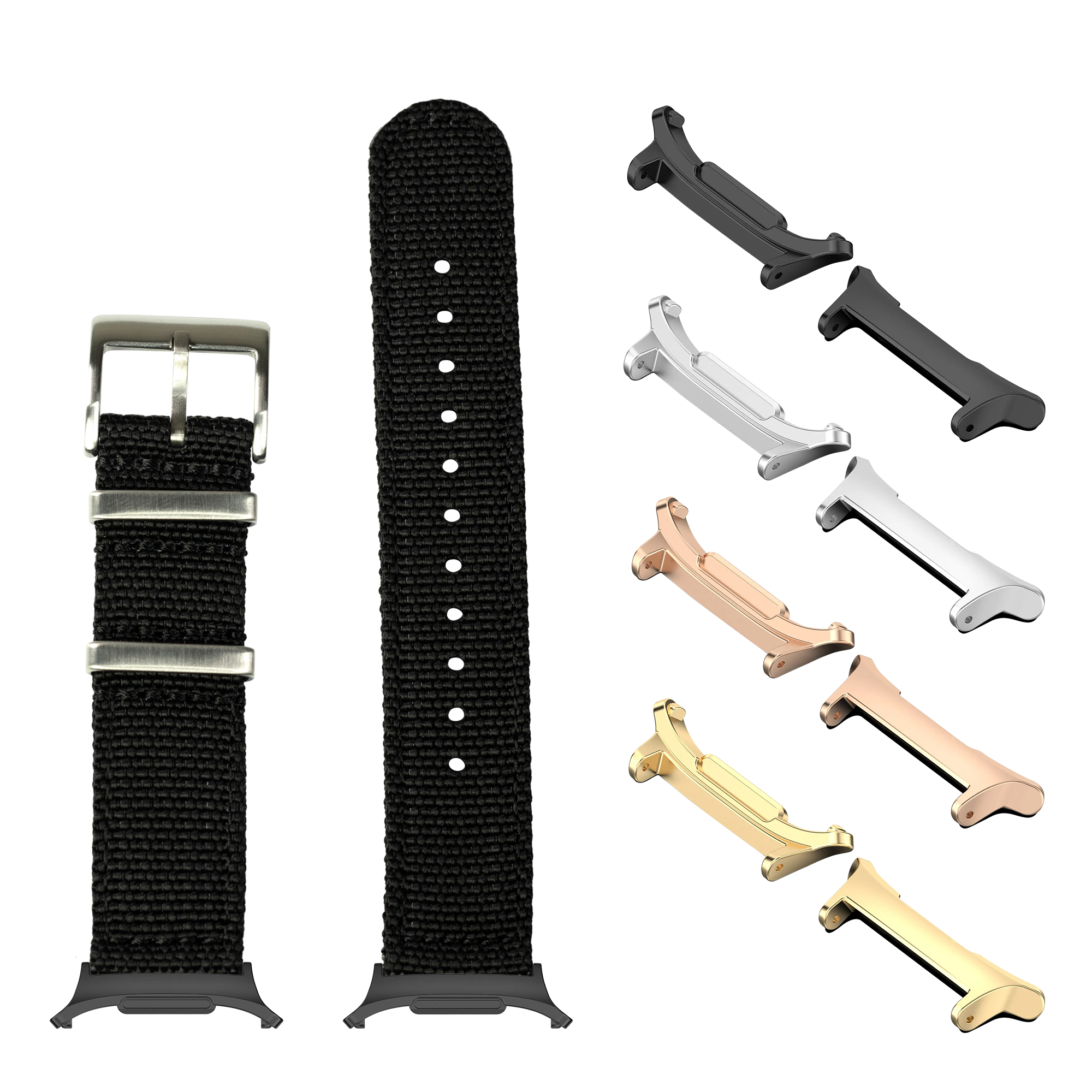 Black nylon watch band with silver buckle, stainless steel hardware, and interchangeable metal lugs in multiple finishes for Galaxy Watch 8/Ultra