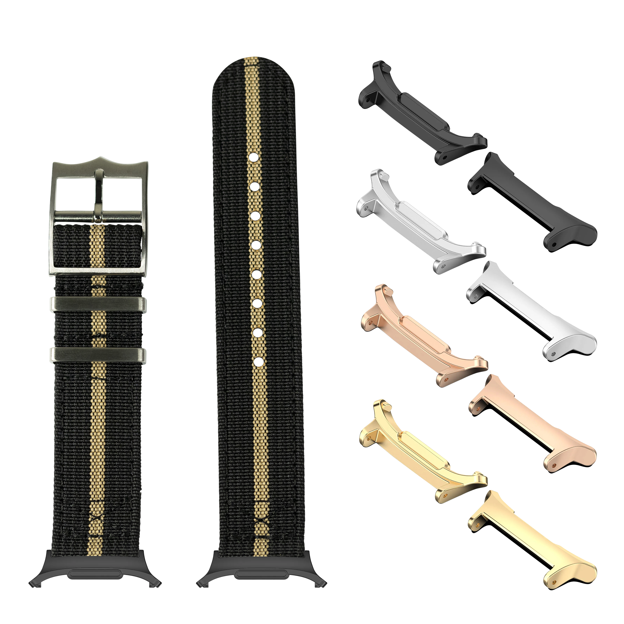 Black nylon watch band with wheat stripe and interchangeable metal lugs in gold, silver, rose gold and black finishes for Galaxy Watch 8 Ultra