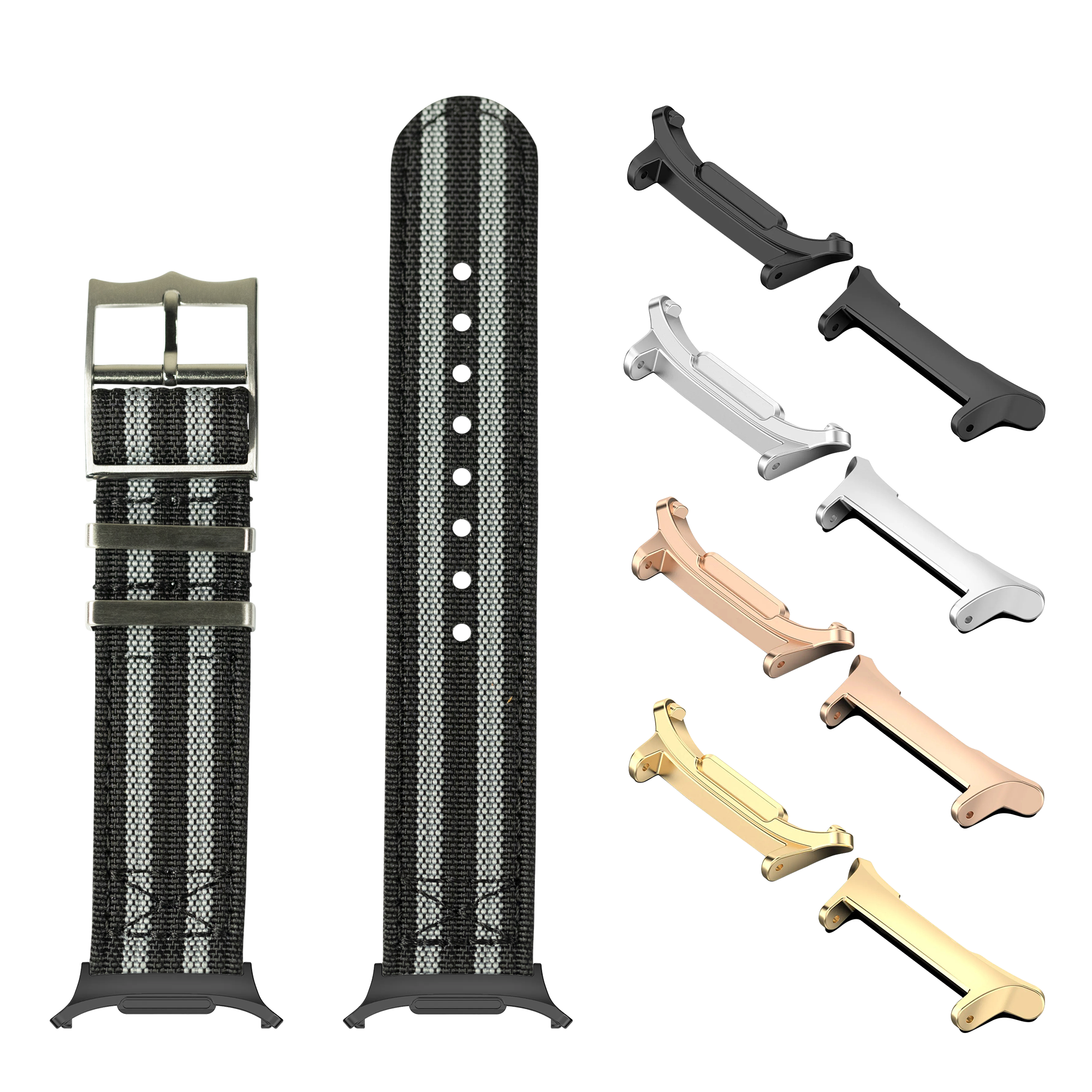 Black tactical watch band with white stitching, green buckle, interchangeable metal lugs in gold, silver, rose gold and black finishes