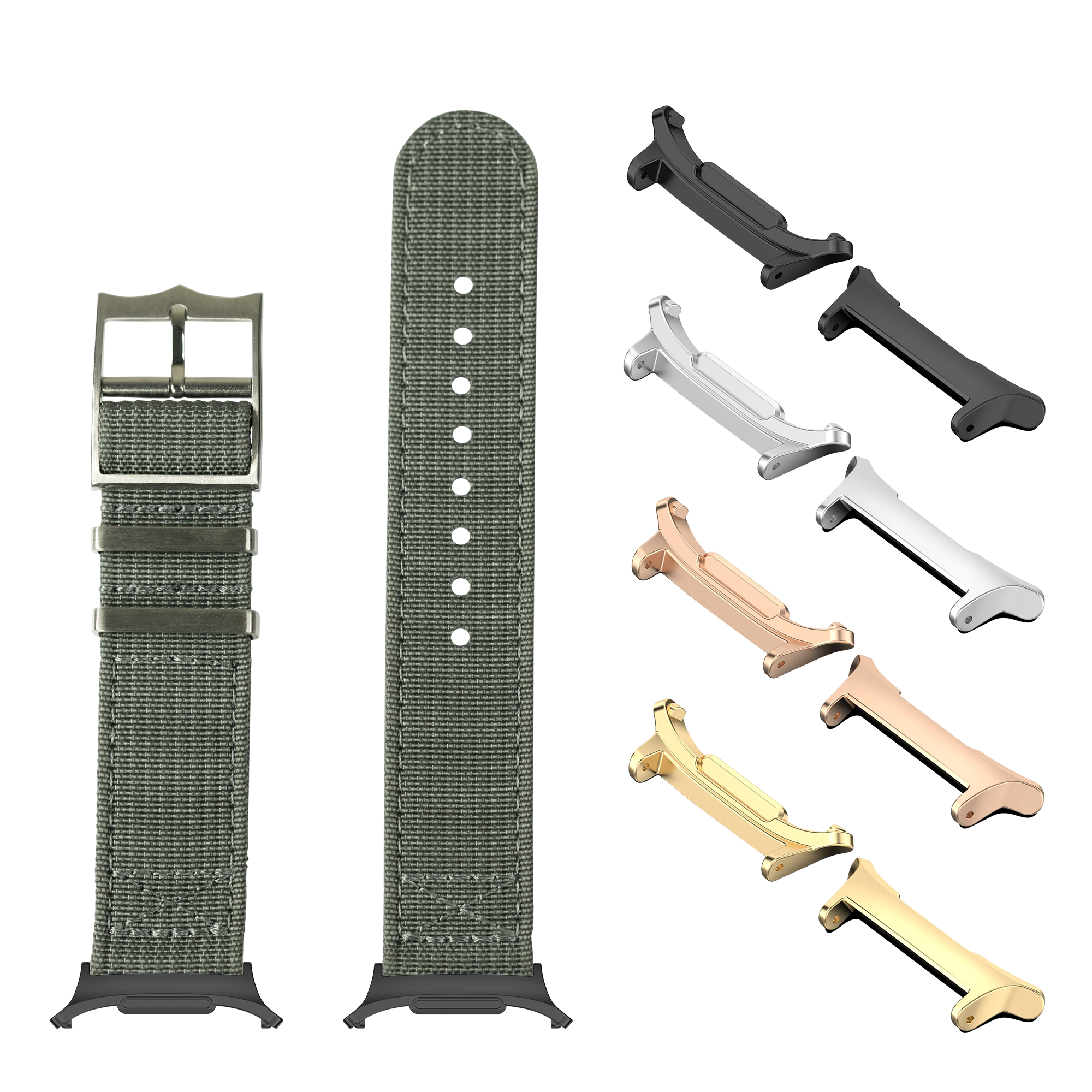 Military green fabric watch band with metal buckle and multiple interchangeable lugs in black, silver, rose gold and gold finishes