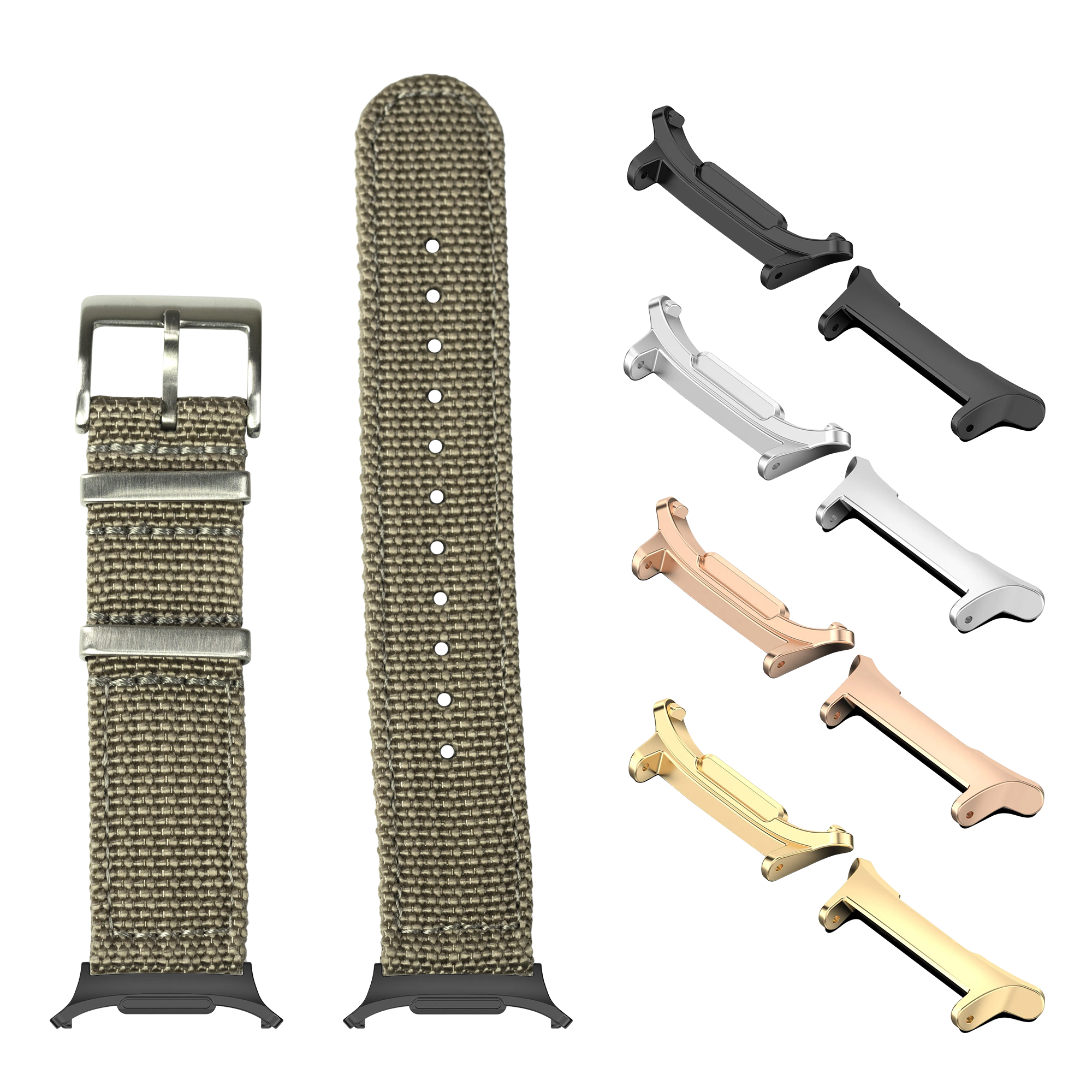 Khaki fabric watch band with metal buckle and interchangeable lugs in black, rose gold, silver, and gold finishes for Galaxy Watch 8 Ultra