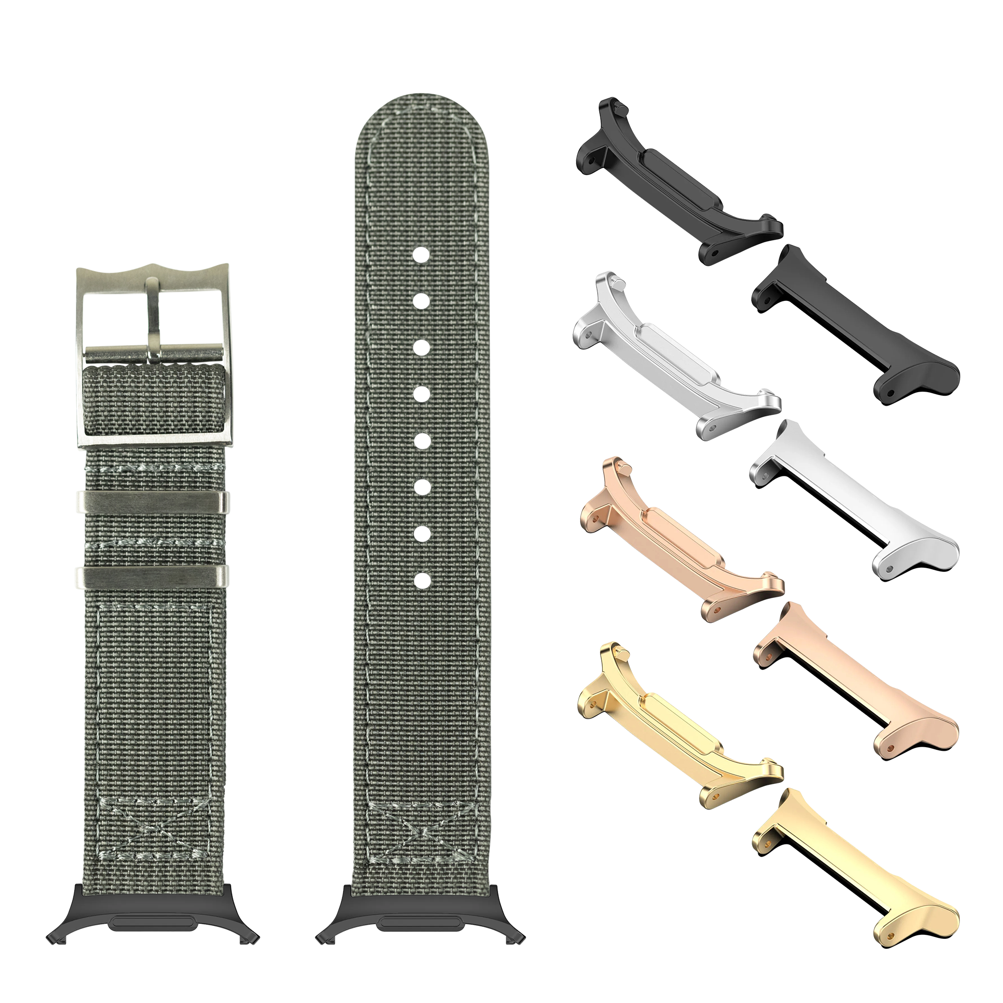 Grey woven fabric smartwatch bands with interchangeable metal lugs in multiple finishes including black, silver, rose gold and gold hardware