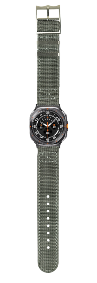 Military-style smartwatch with grey fabric strap, black dial and orange accents, square case design with tactical appearance