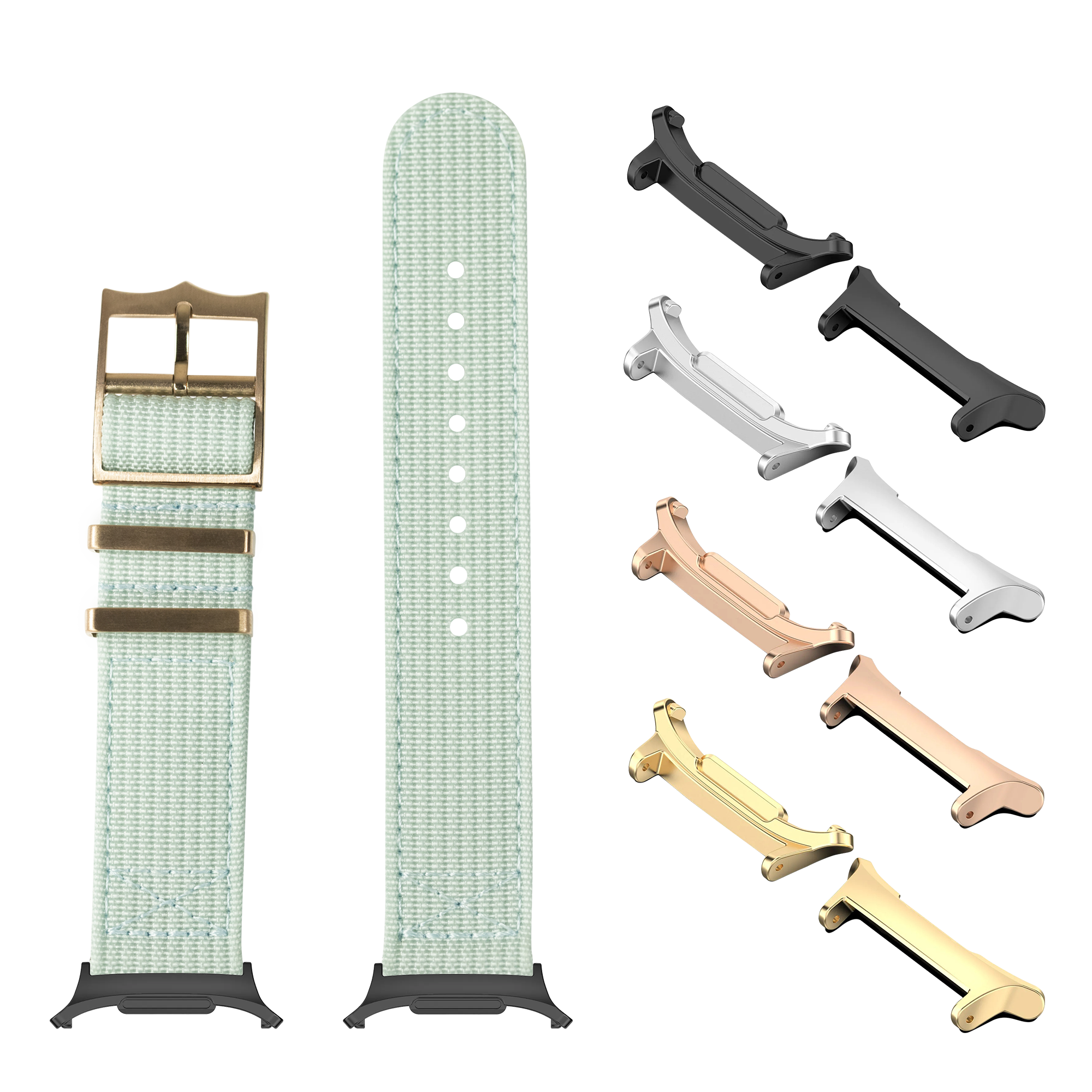 Mint green fabric watch bands with interchangeable metal hardware in gold, silver, rose gold, and black finishes