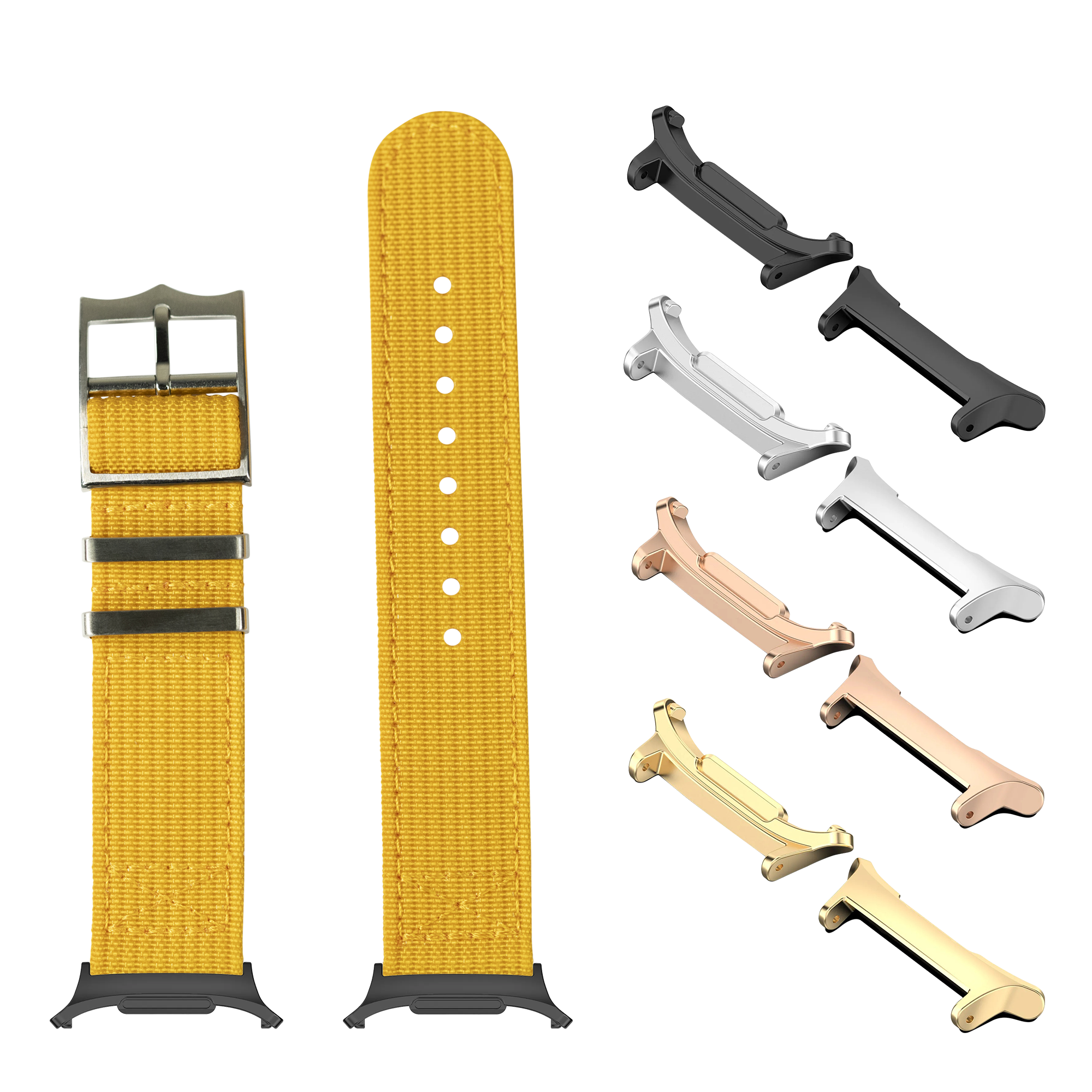 Yellow canvas watch band with interchangeable metal connectors in multiple finishes including black, silver, rose gold, and gold