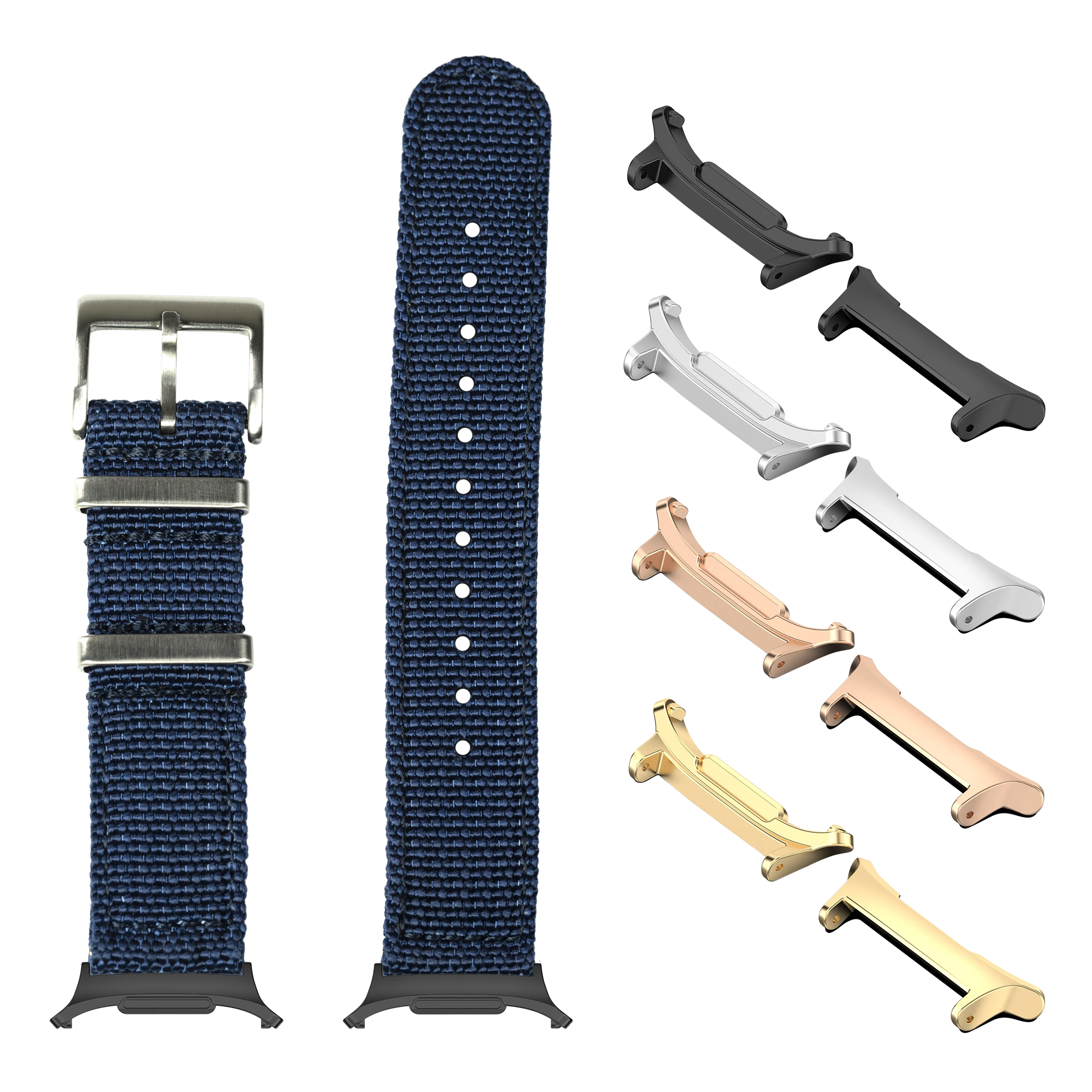Blue canvas military watch band with stainless steel buckle, interchangeable lugs in multiple metal finishes for Galaxy Watch 8 Ultra