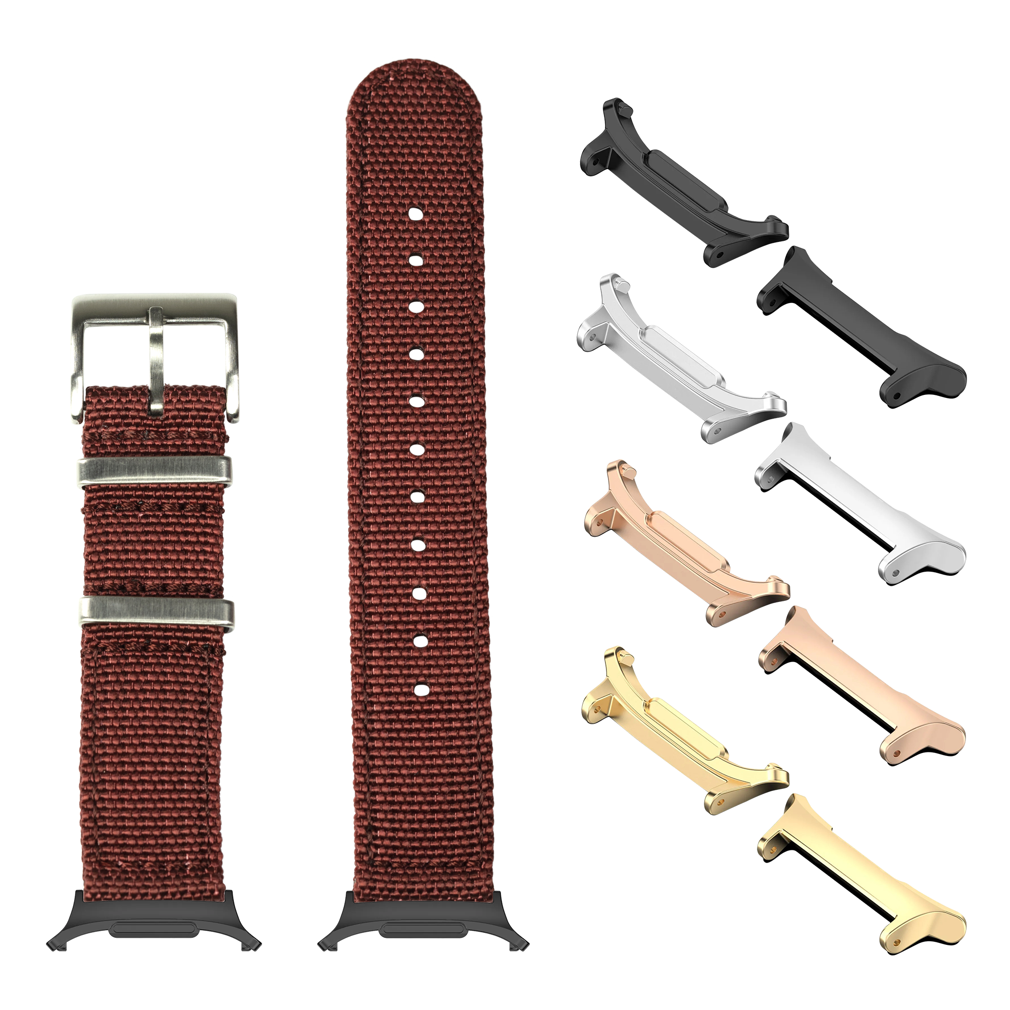 Red woven fabric watch band with stainless steel buckle and interchangeable metal lugs in multiple finishes for Galaxy Watch 8 Ultra