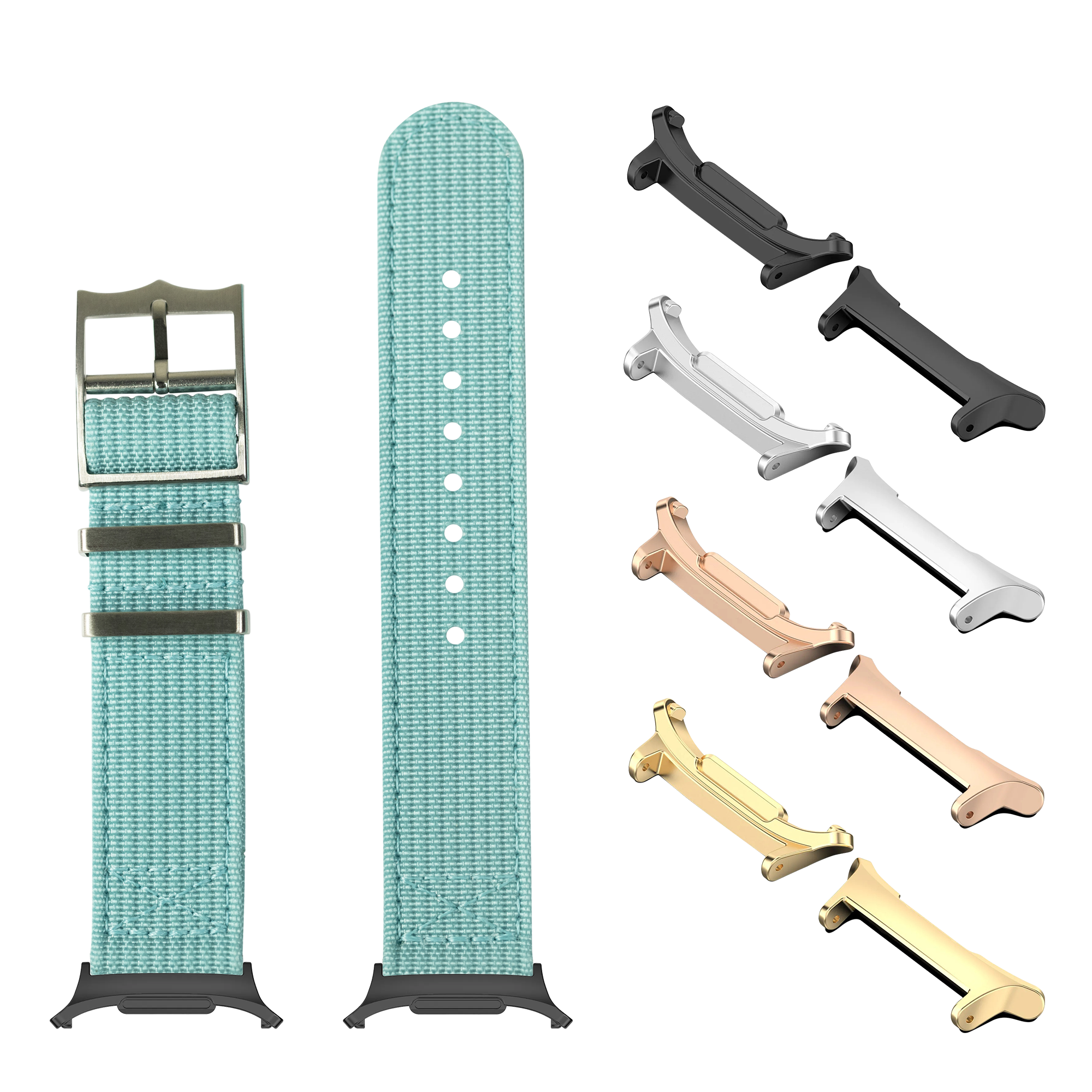 Turquoise fabric watch band with interchangeable metal lugs in black, silver, rose gold, and gold finishes for Galaxy Watch