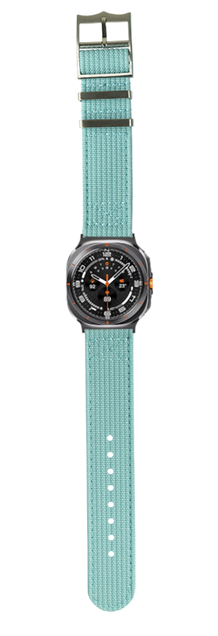 Square sports watch with black dial and orange accents on turquoise fabric strap with adjustable buckle