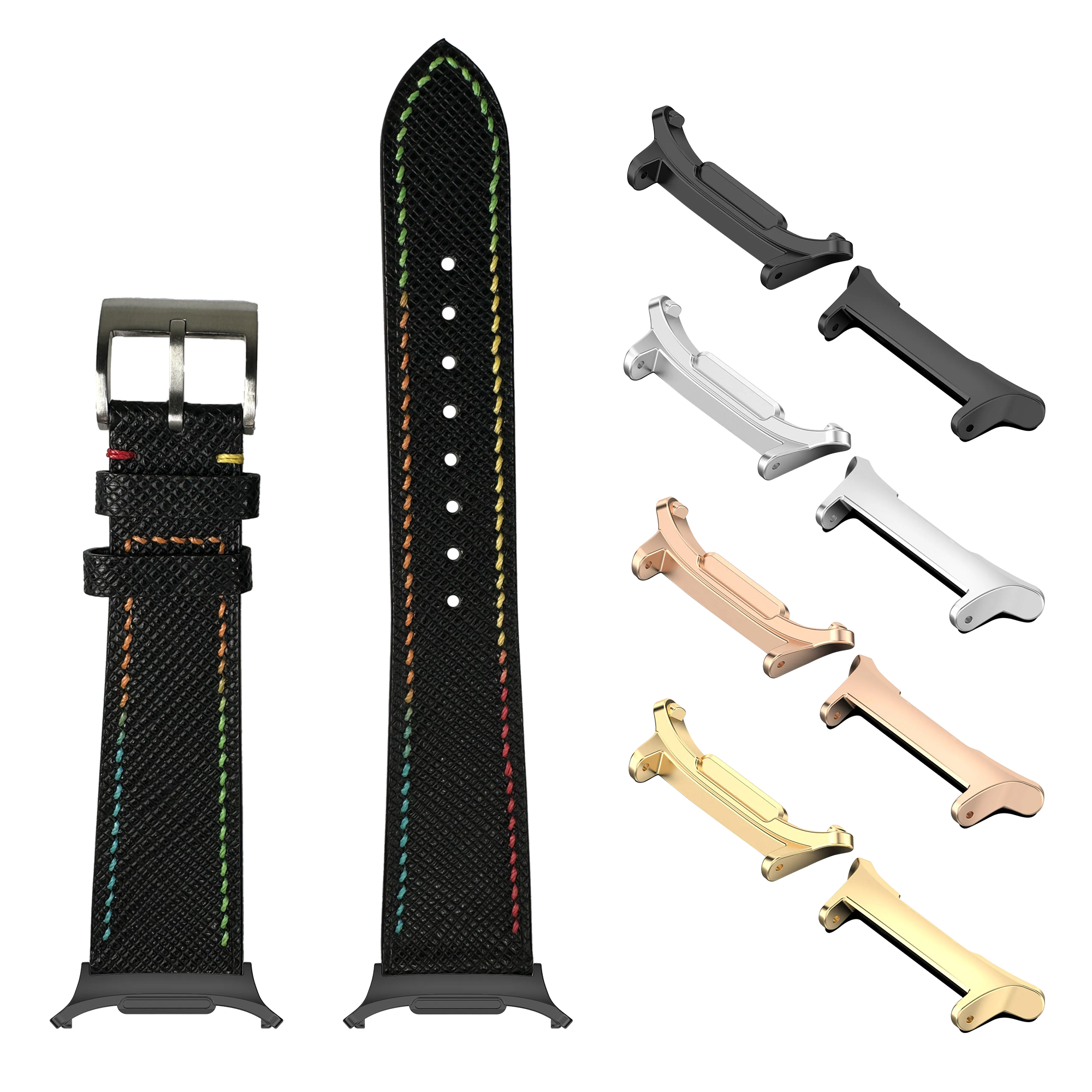 Black Chevre Saffiano watch band with rainbow stitching, steel buckle, and multiple metal lugs in gold, rose gold, silver and black finishes