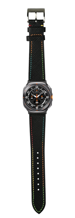 Black tactical watch with rainbow stitching leather strap, titanium case, and luminous dial