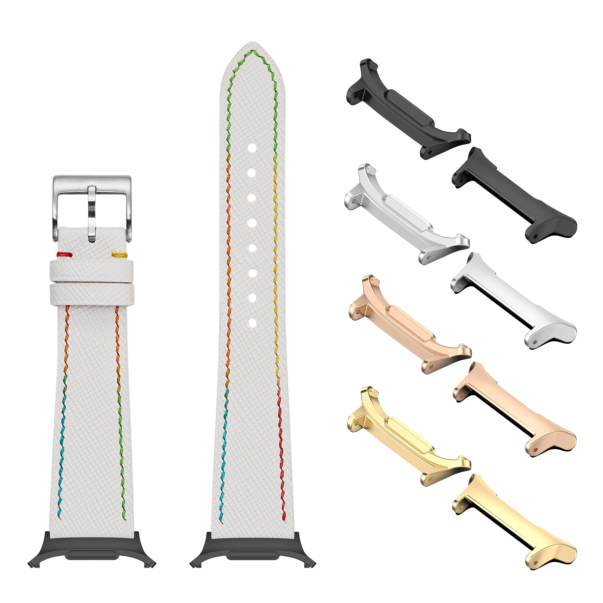 Interchangeable watch bands and lugs in multiple finishes including black, silver, rose gold, and gold displayed with white leather Chevre Saffiano band featuring rainbow stitching