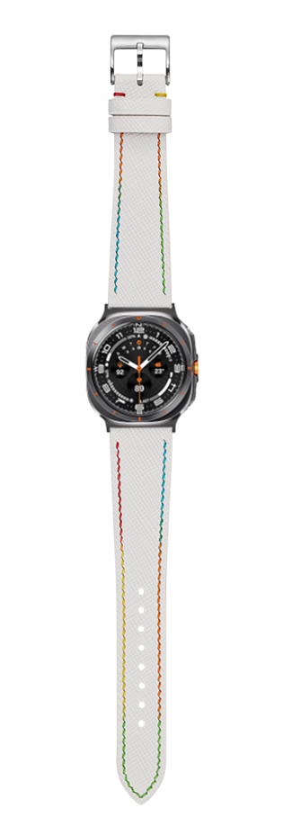 Galaxy Watch 8 Ultra with black case and white Chevre Saffiano band featuring rainbow stitching detail