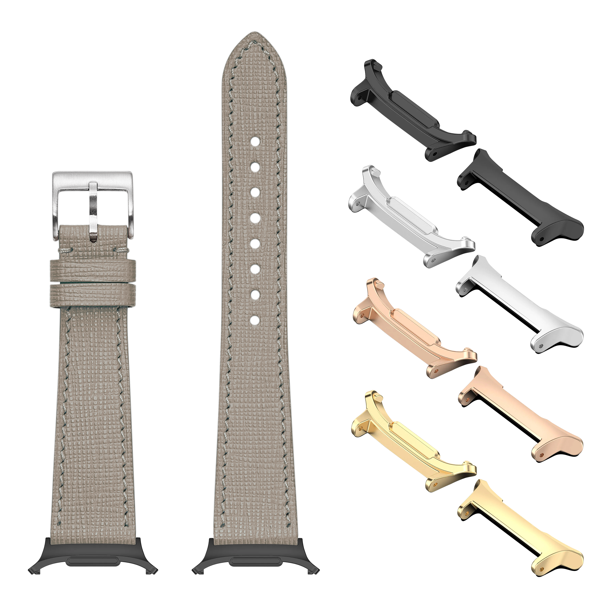 Taupe grey Chevre Saffiano leather watch band with metal buckle, interchangeable connectors in gold, rose gold, silver and black finishes for Galaxy Watch 8 Ultra
