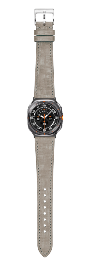 Galaxy Watch 8 Ultra with taupe grey Chevre Saffiano leather strap and black dial with orange accents