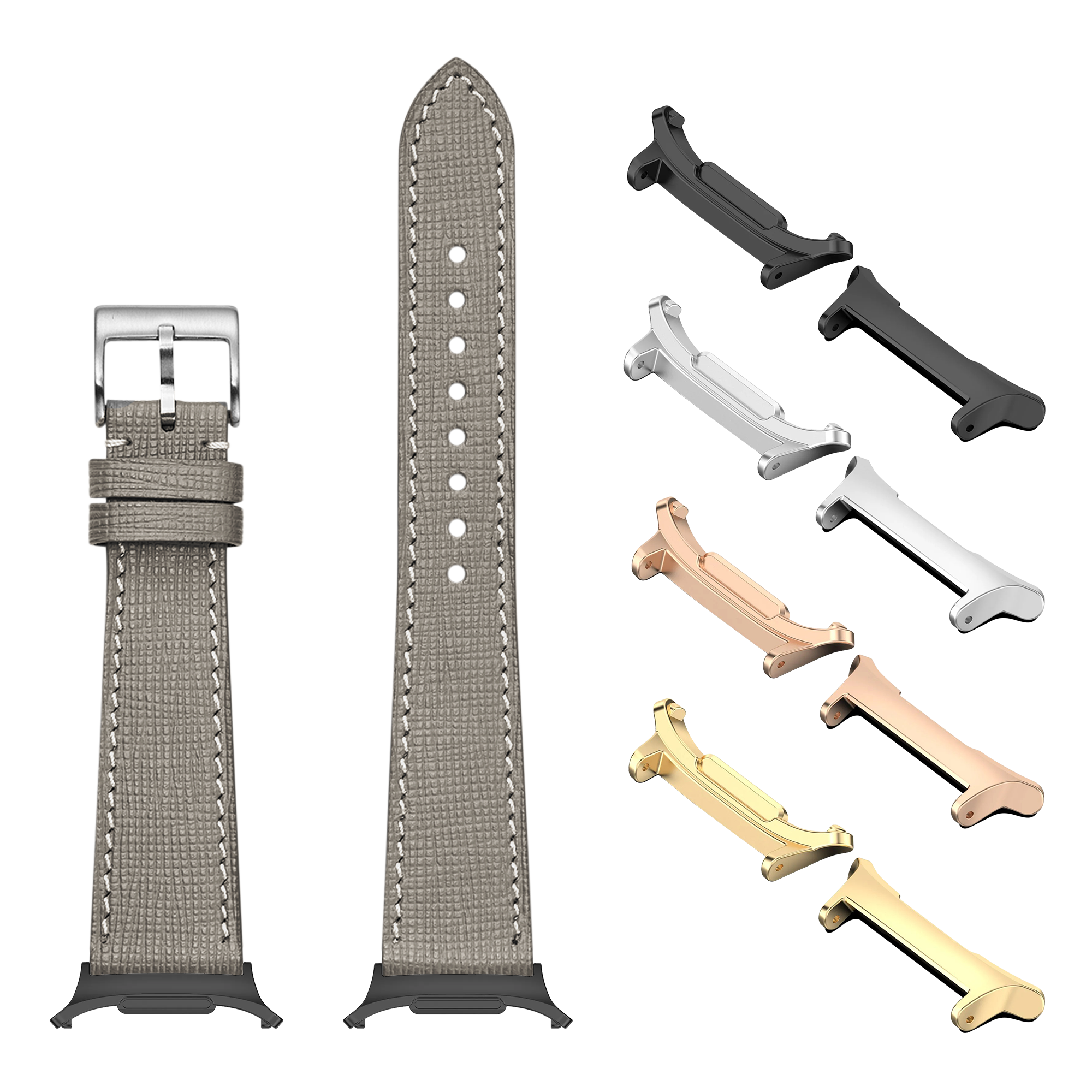 Smartwatch band and case connector set with taupe grey leather strap and interchangeable metal lugs in black, silver, rose gold and gold finishes
