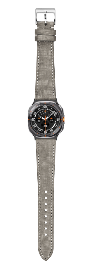 Galaxy Watch 8 Ultra with taupe grey Chevre Saffiano leather strap and white stitching, black dial with orange accents