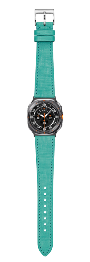 Tiffany blue Chevre Saffiano leather watch band with stainless steel buckle, featuring black dial chronograph watch face with orange accents