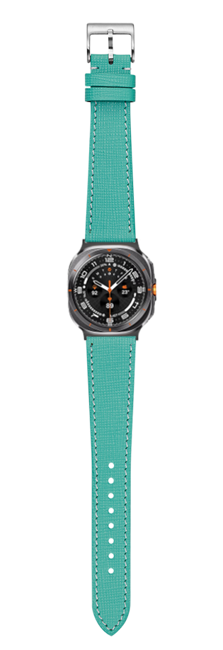 Tiffany blue Chevre Saffiano leather watch band with white stitching and silver buckle for Galaxy Watch 8 and Ultra models