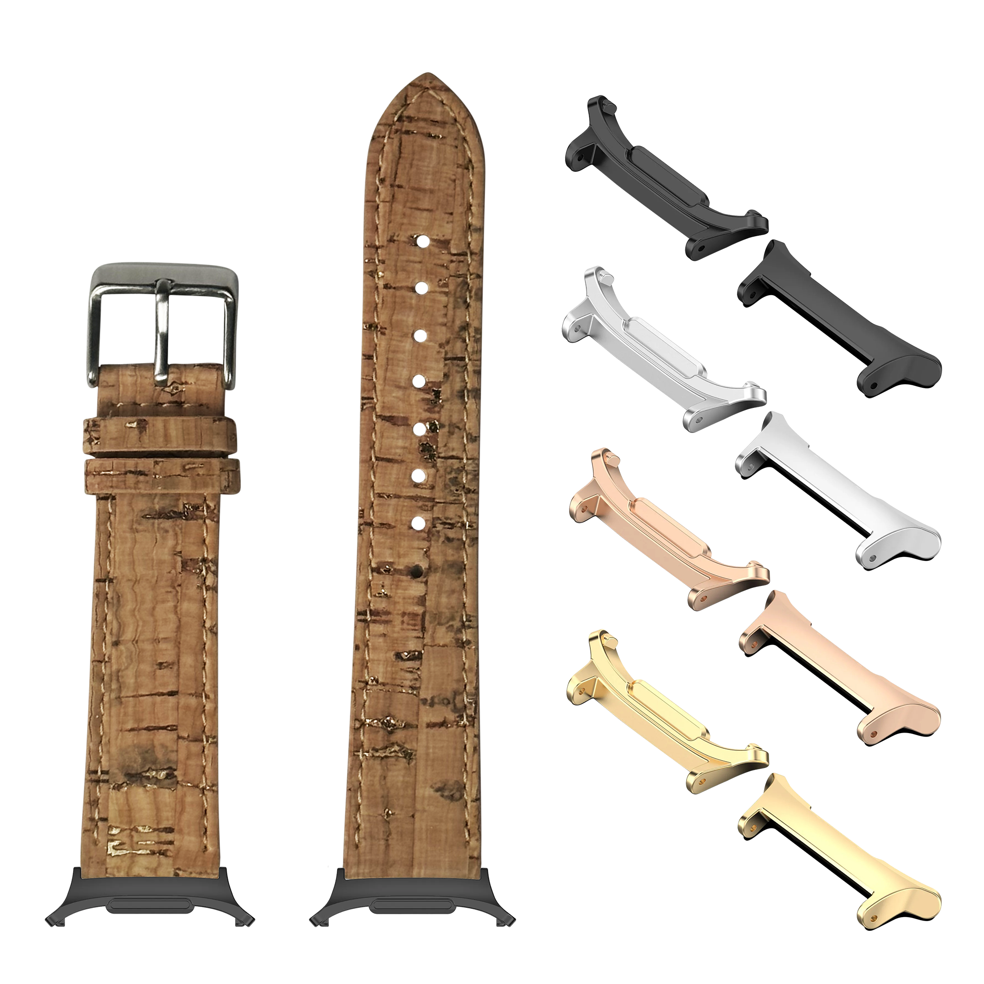 Cork vegan leather watch strap in brown with interchangeable metal lugs in multiple finishes including black, silver, rose gold, and gold