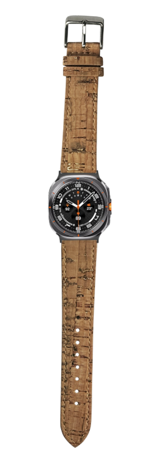 Men's smartwatch with natural cork vegan leather strap, black dial with orange accents and gunmetal case