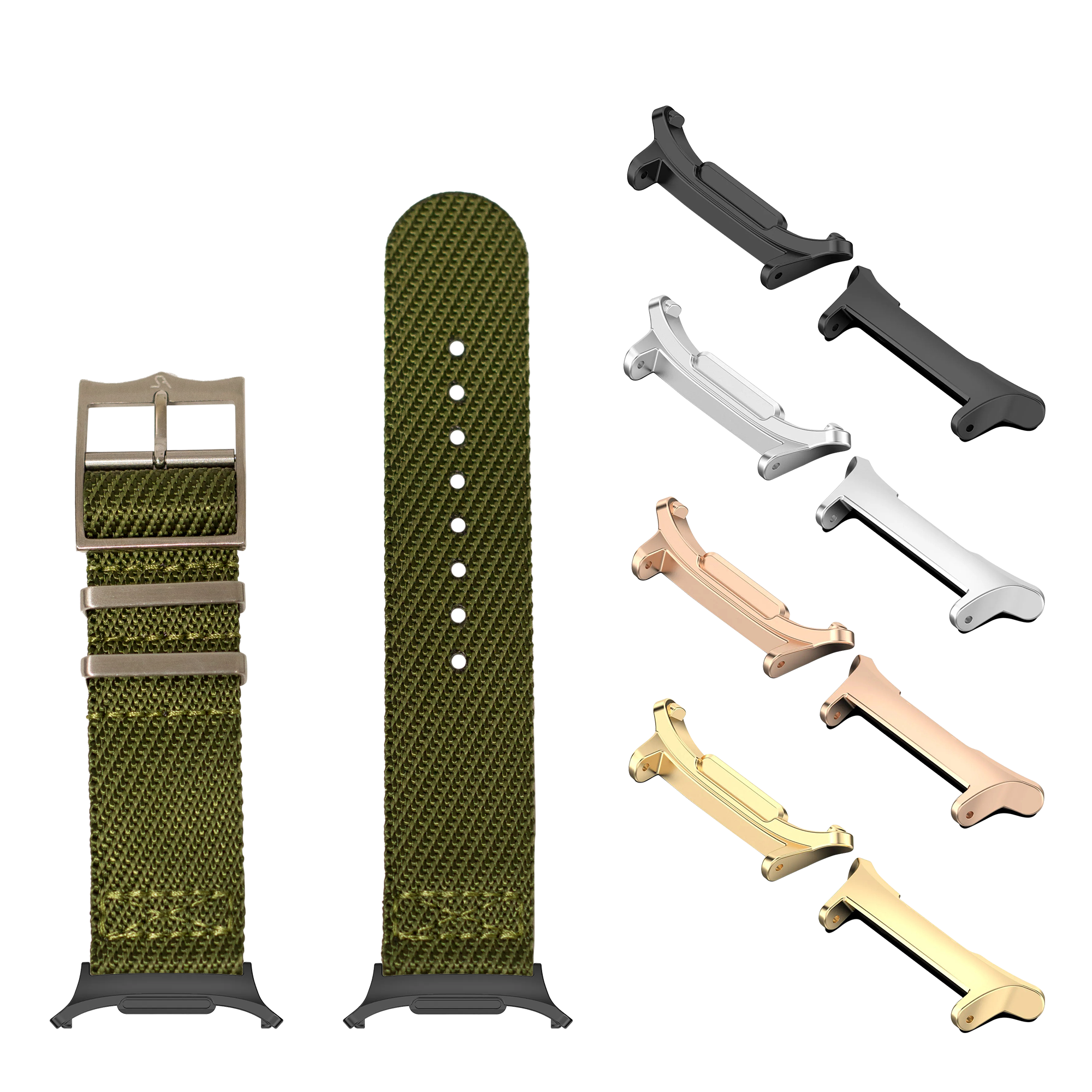 Olive green fabric watch band with metal buckle, interchangeable connector lugs in black, silver, rose gold, and gold finishes