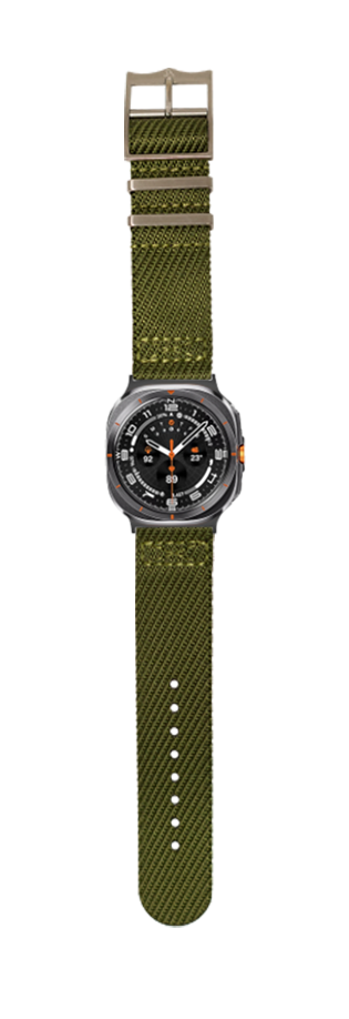 Tactical smartwatch with black dial and orange accents on olive green military canvas strap with buckle
