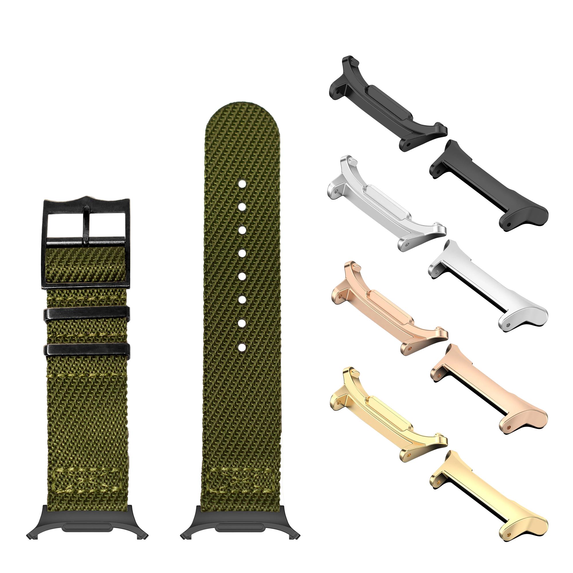 Olive green fabric watch band with black buckle hardware, shown with multiple interchangeable metal connector lugs in black, silver, rose gold, and gold finishes