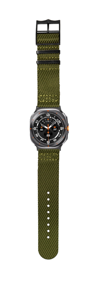 Military-style smartwatch with olive green fabric band and black hardware featuring bold watch face with orange accents
