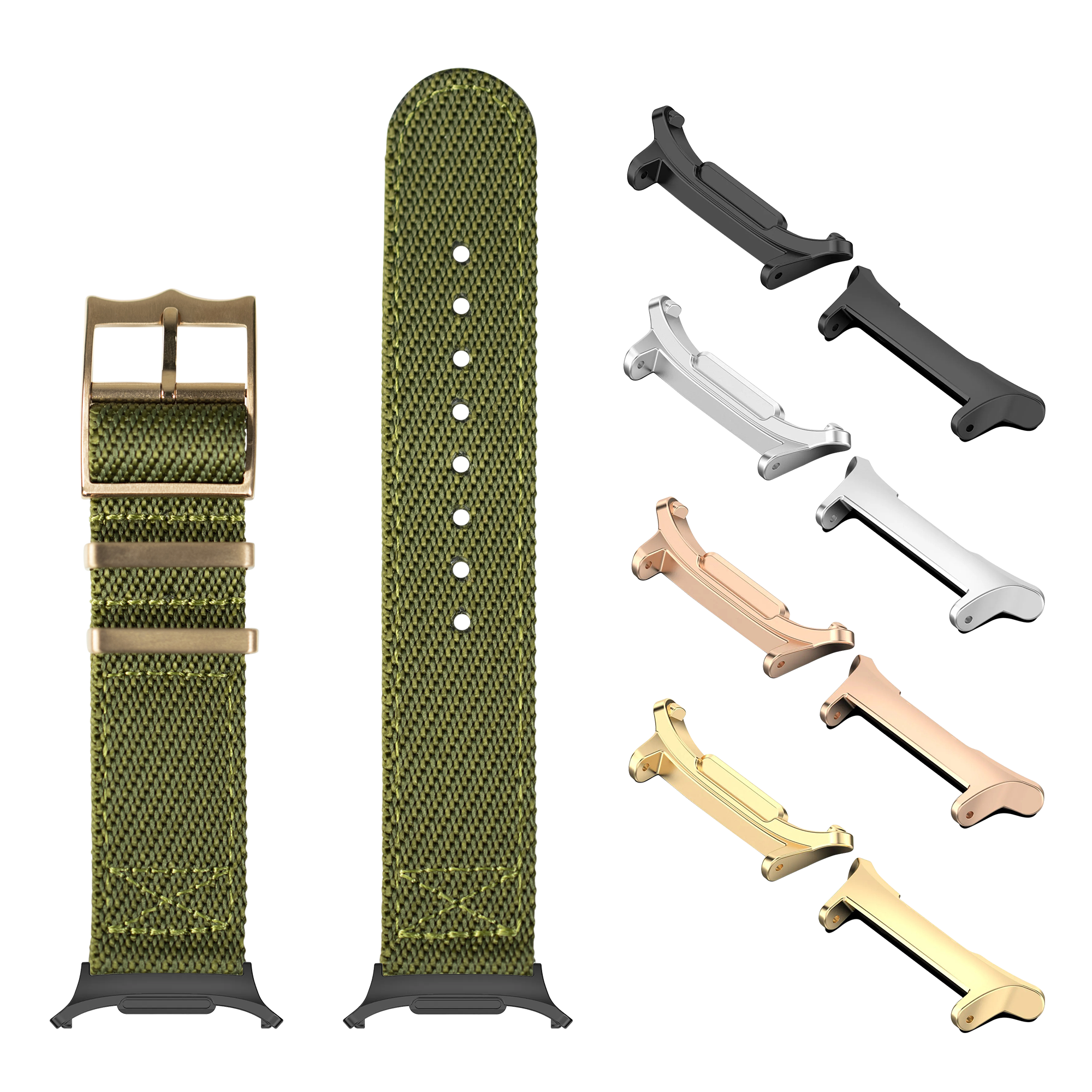 Army green canvas smartwatch band with rose gold hardware, interchangeable buckles, and connector lugs in black, silver, rose gold, and gold finishes