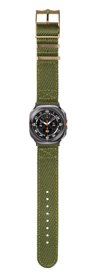 Military-style smartwatch with black case, orange accents, and olive green woven fabric band with bronze buckle