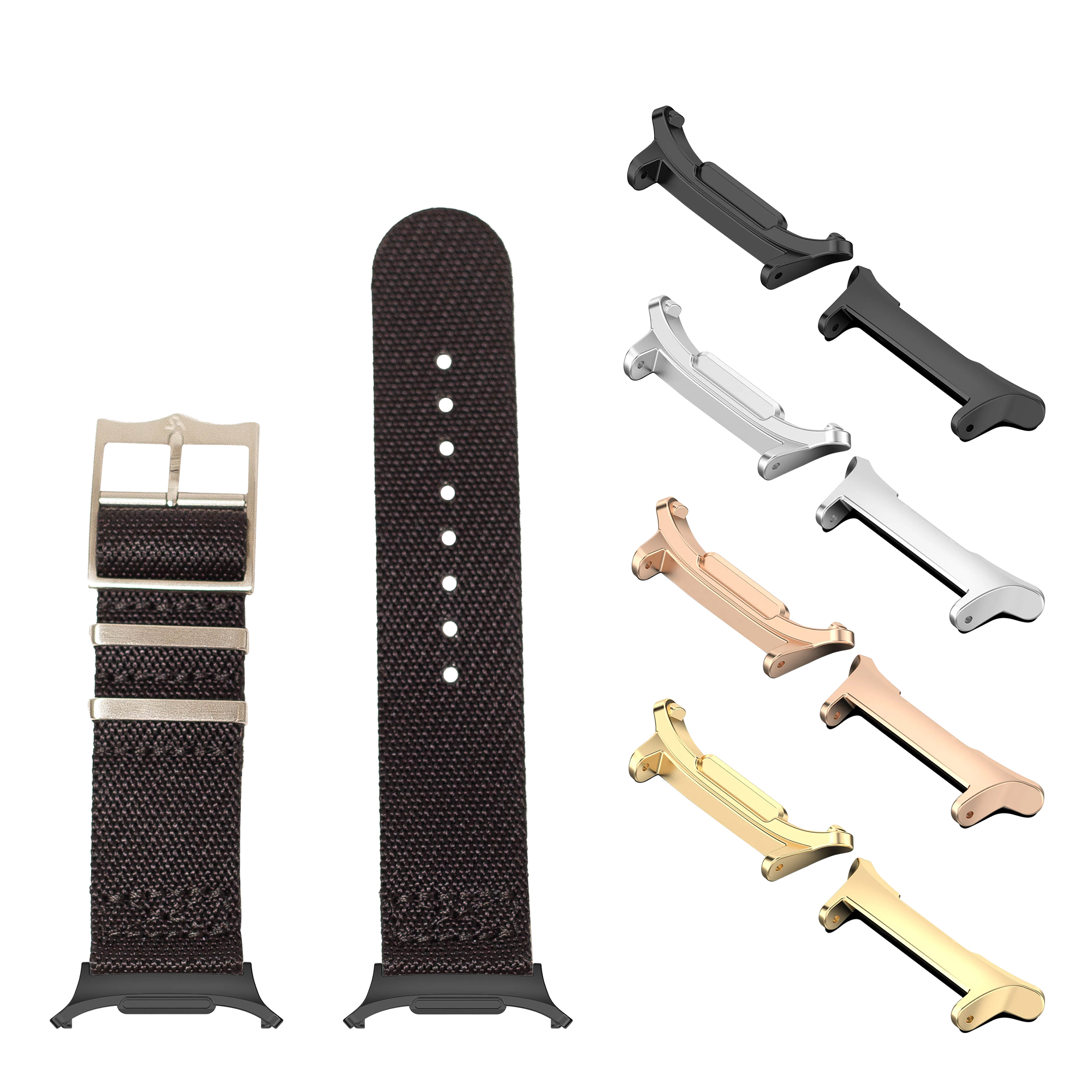 Watch band and connector replacement set with black woven fabric strap, metal buckle, and multiple color connectors in rose gold, silver, black and gold finishes