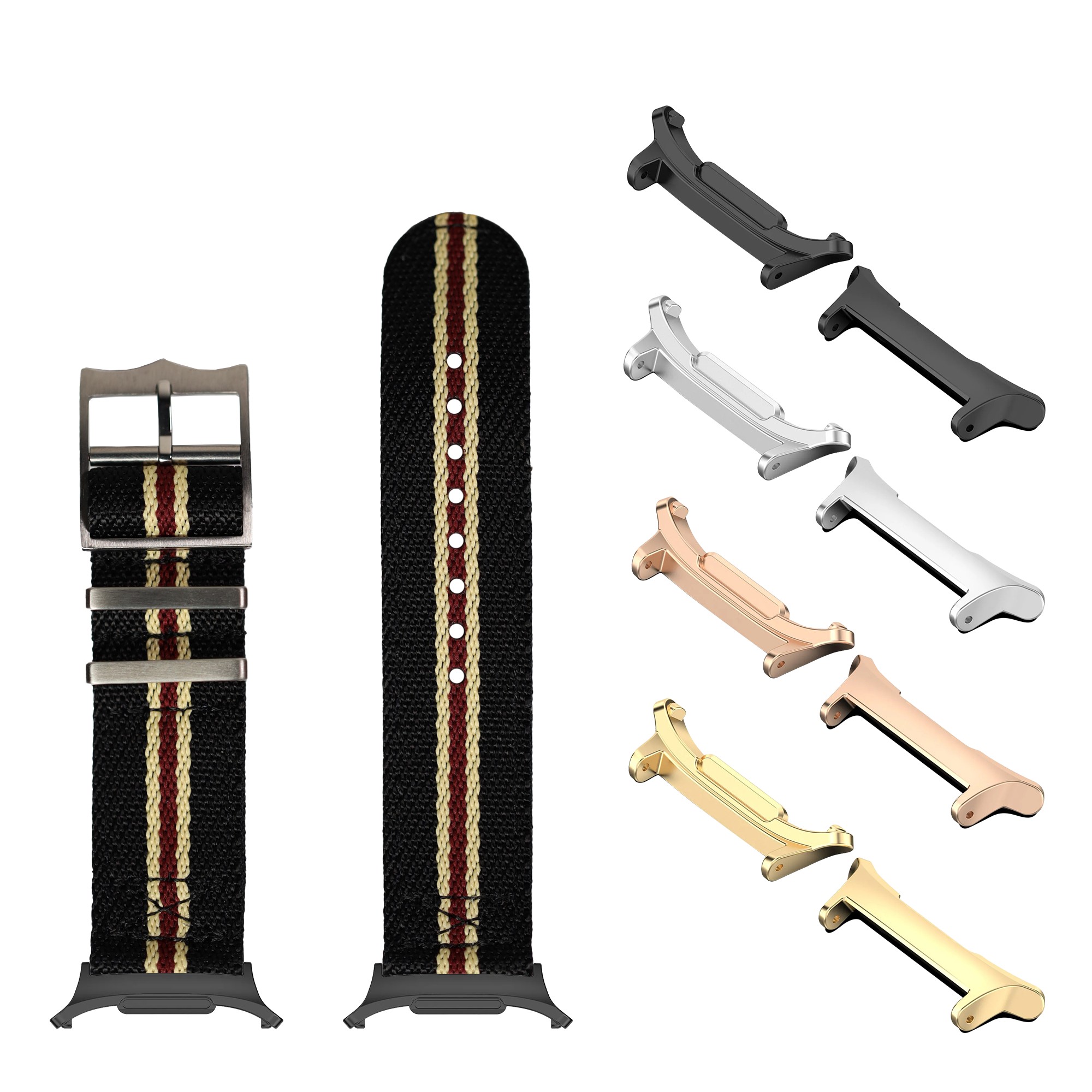 Striped military fabric watch band with interchangeable metal buckles and lugs in black, rose gold, silver, and gold finishes
