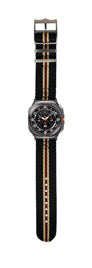 Black sports watch with striped fabric band featuring beige and maroon stripes, digital dial with orange accents