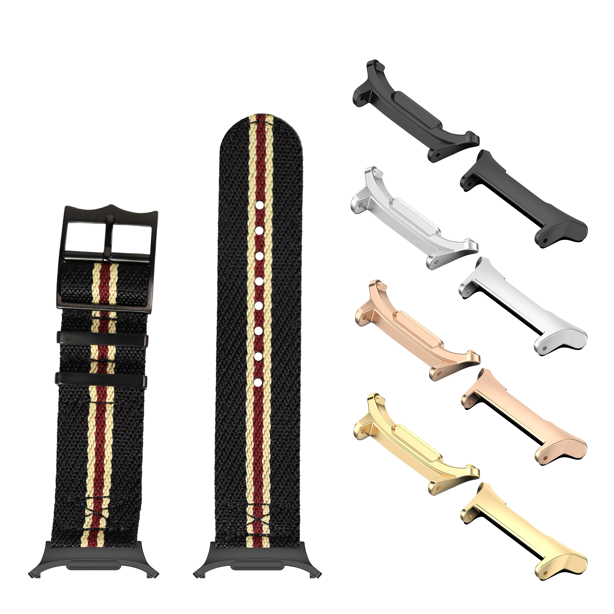 Black fabric watch band with beige and maroon stripe featuring multiple metal hardware options in black, silver, rose gold, and gold finishes