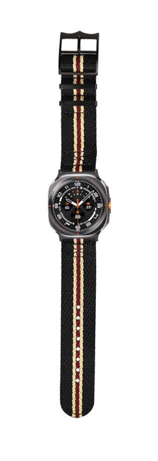 Black smartwatch with striped fabric band featuring beige and maroon stripes, round dial with chronograph subdials and orange accents