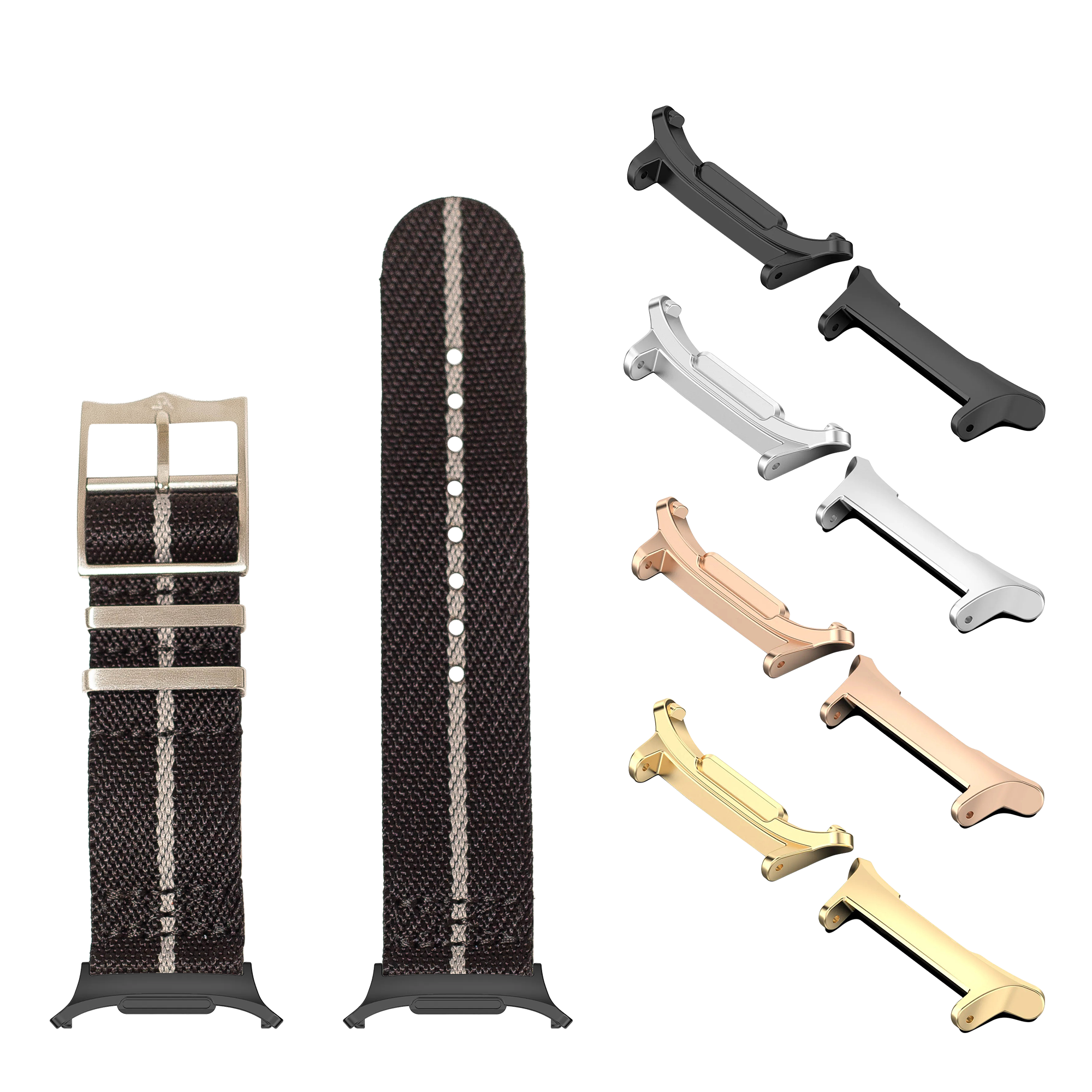 Watch straps and hardware accessories including black fabric bands with metal buckles, and multiple hardware options in gold, rose gold, silver, and black finishes