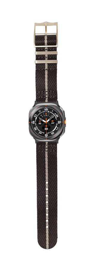 Black and grey military-style smartwatch with textured fabric band and orange accents on dark dial