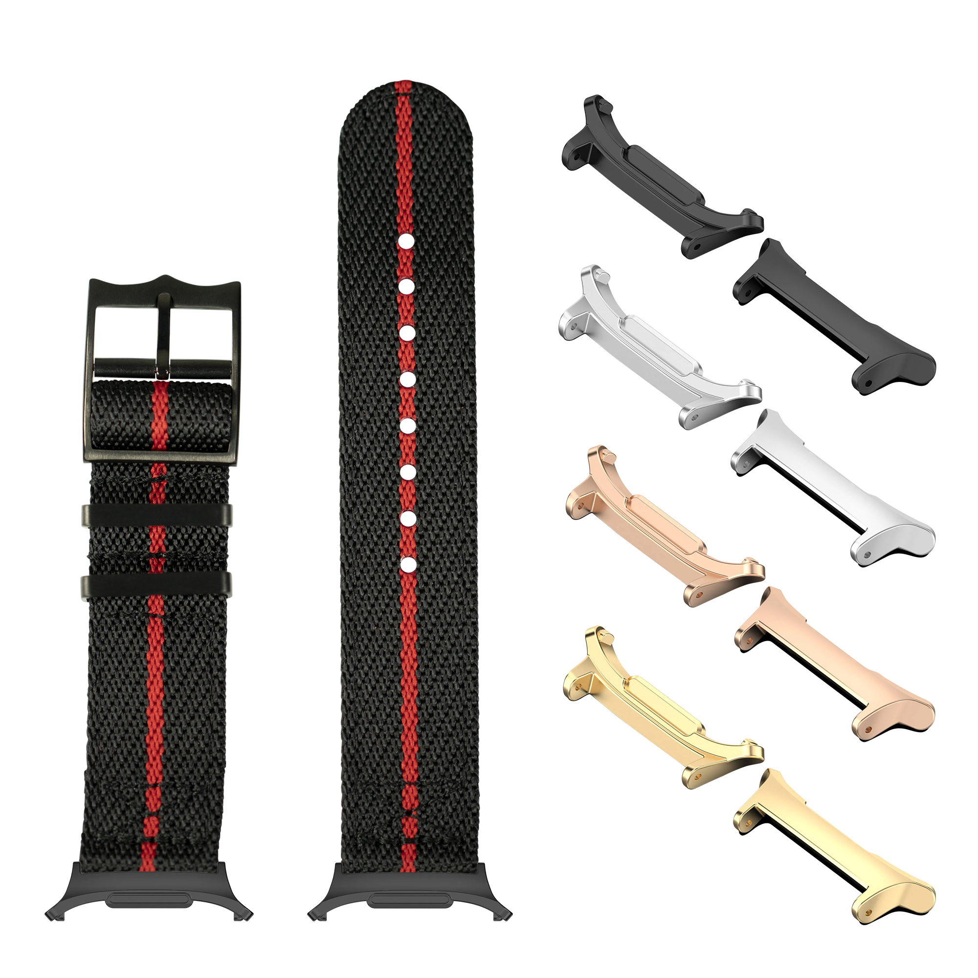 Military-style watch strap collection with black mesh band, red stripe, interchangeable hardware in black, silver, rose gold and gold finishes
