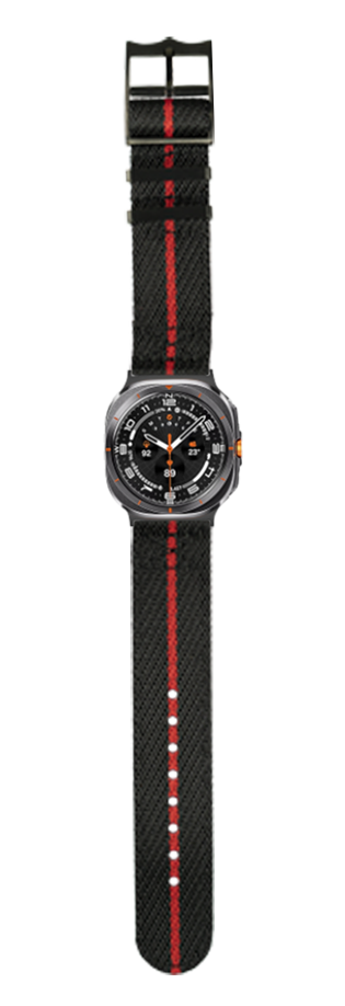 Black and red sports watch with military-style design, featuring round dial with orange accents and textured black strap with red stripe