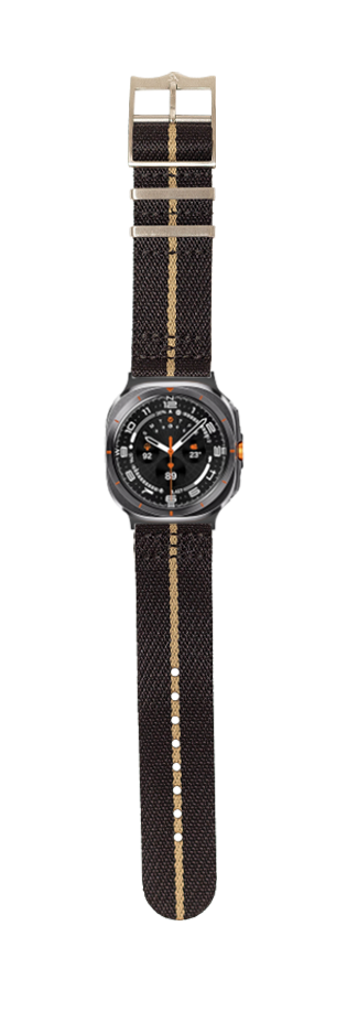 Black tactical watch with wheat stripe canvas strap and orange accents, military-style design