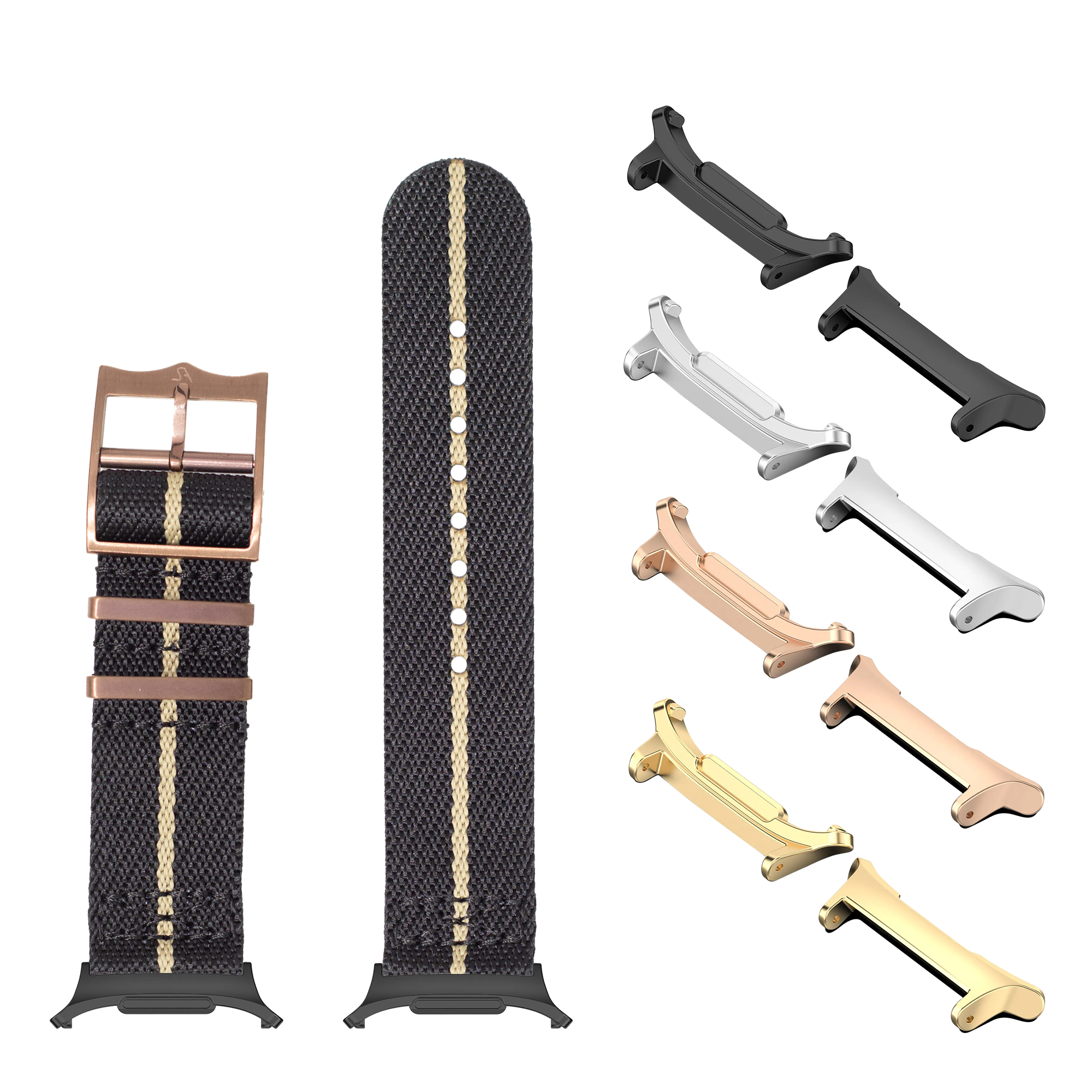 Black fabric watch strap with wheat stripe and interchangeable bronze, silver, rose gold, and gold hardware buckles